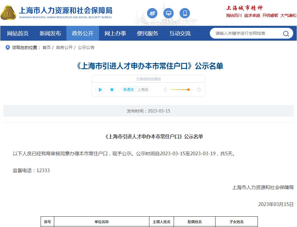 2023年2月第1批共1481户上海人才引进落户名单已公示（2月15日-2月19日）