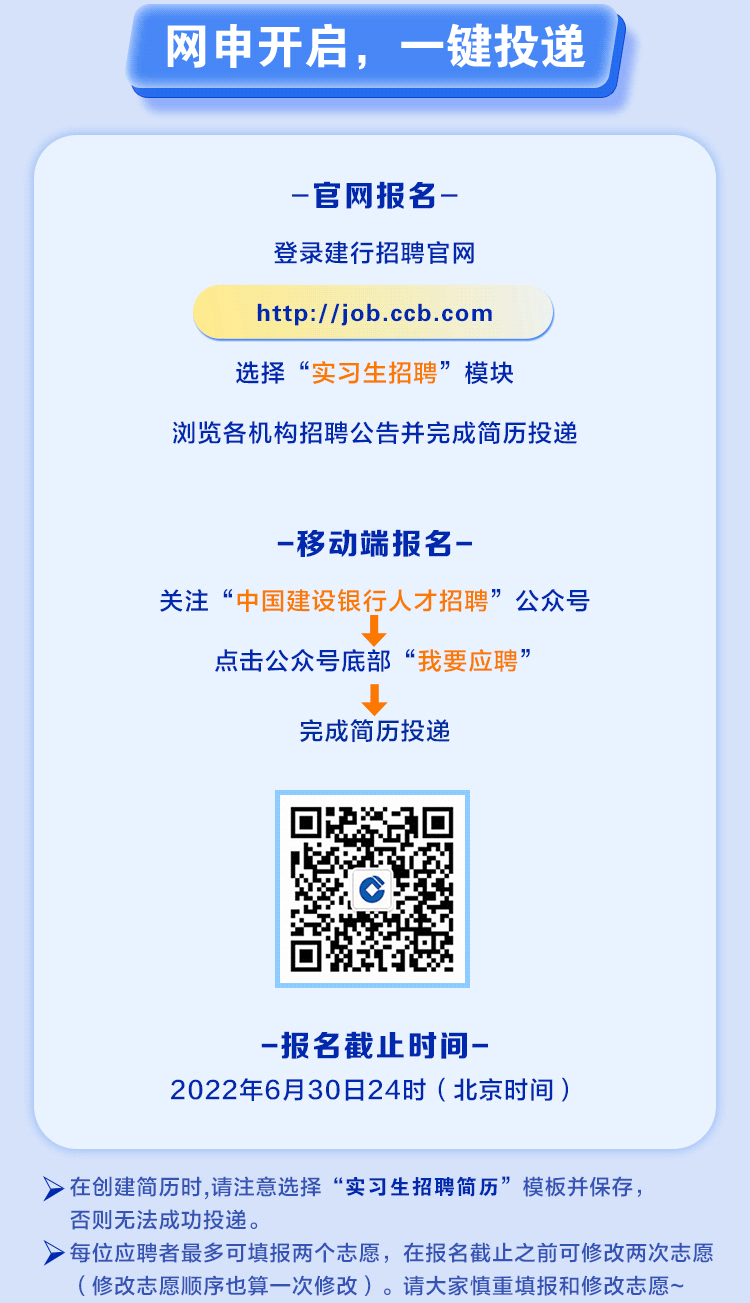 本科及以上学历在读均可投递简历!中国建设银行2022年度暑期实习生(6月至8月)招聘!
