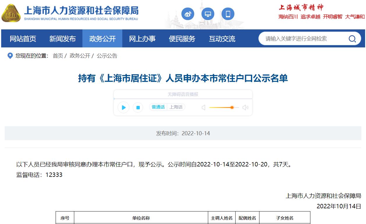 2022年10月第1批1390户上海居转户名单已公示（10月14日-10月20日）